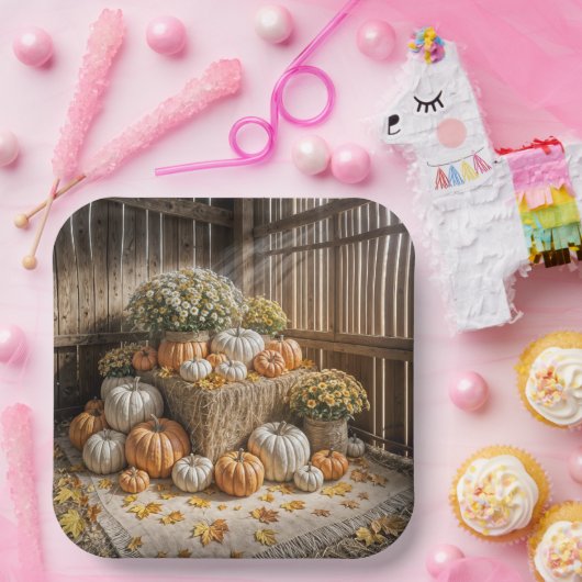 Herfstpompoenen op een hooibal papieren bordje (Feest)