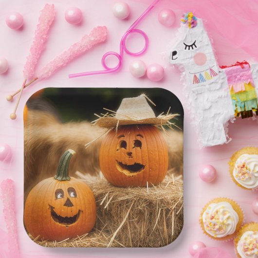 Herfstpompoenen op hooibalen papieren bordje (Feest)
