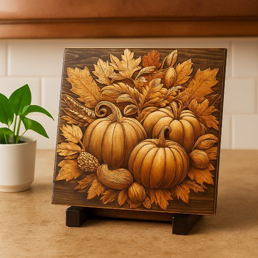 Herfstpompoenen op hout decoratief tegeltje