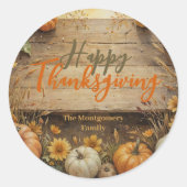 Herfstpompoenen op rustiek hout Thanksgiving Ronde Sticker (Voorkant)