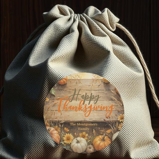 Herfstpompoenen op rustiek hout Thanksgiving Ronde Sticker