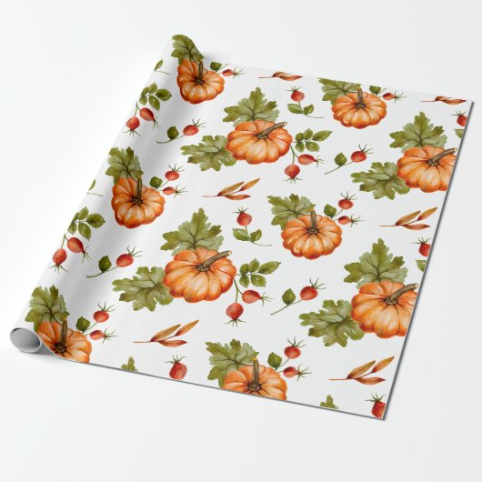 Herfstpompoenen, rode bessen en bladeren cadeaupapier (Uitgerold)