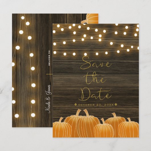 Herfstpompoenen & snoerlichtjes Rustic Save the Da Aankondigingskaart (Voorkant / Achterkant)