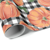 Herfstpompoenen Zwart en Wit Gingham Herfst Cadeaupapier (Rol Hoek)