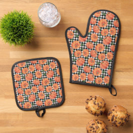 Herfstpompoenen Zwart en Wit Gingham Herfst Ovenwant & Pannenlap Set
