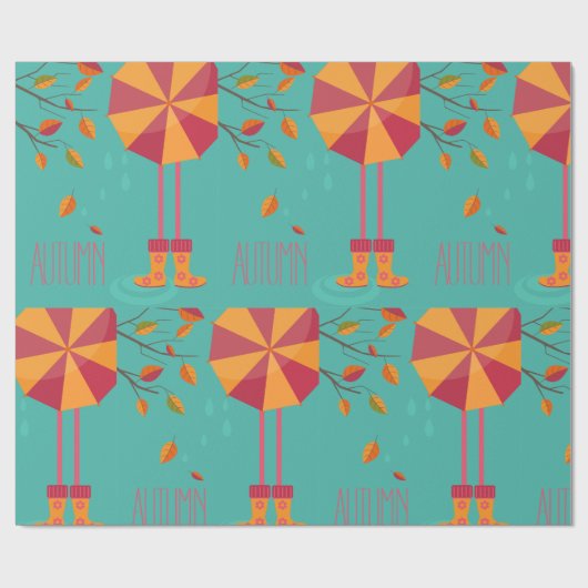 Herfstregenlaarzen en paraplu herfstbladeren cadeaupapier (Vlak)