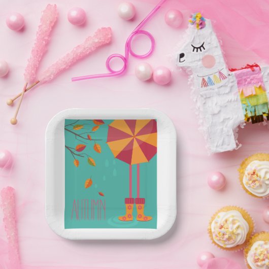 Herfstregenlaarzen en paraplu herfstbladeren papieren bordje (Feest)