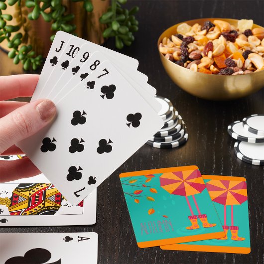Herfstregenlaarzen en paraplu herfstbladeren pokerkaarten