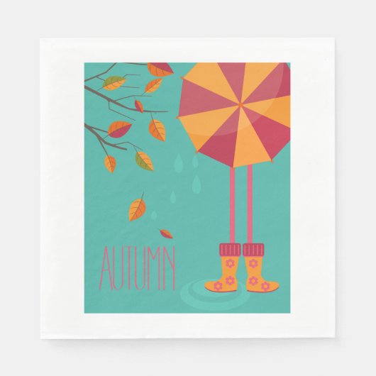 Herfstregenlaarzen en paraplu herfstbladeren servet (Voorkant)