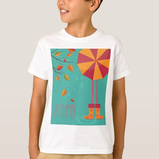 Herfstregenlaarzen en paraplu herfstbladeren t-shirt (Voorkant)