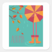 Herfstregenlaarzen en paraplu herfstbladeren vierkante sticker (Voorkant)