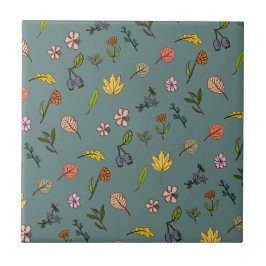 herfstroze rode gele bloemen en bladeren groen tegeltje