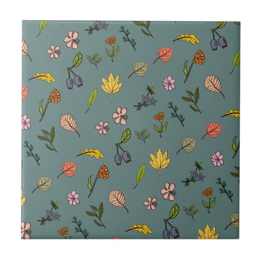 herfstroze rode gele bloemen en bladeren groen tegeltje (Voorkant)