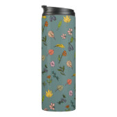 herfstroze rode gele bloemen en bladeren groen thermosbeker (Geroteerd rechts)