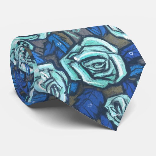 Herfstrozen Retro Bloemmotief Blauw Grijs Mint Stropdas (Opgerold)