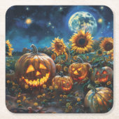 Herfstscène met Jack-o'-lantaarns en zonnebloemen Kartonnen Onderzetters (Voorkant)