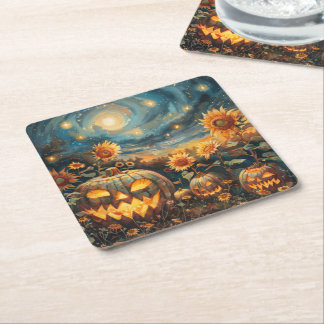 Herfstscène met Jack-o'-lantaarns en zonnebloemen Kartonnen Onderzetters