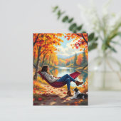  herfstscène met vrouw en hond briefkaart (Staand voorkant)