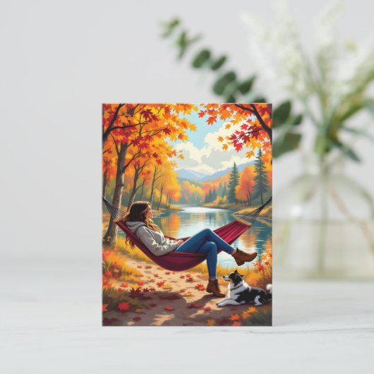  herfstscène met vrouw en hond briefkaart (Staand voorkant)