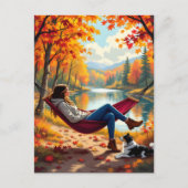  herfstscène met vrouw en hond briefkaart (Voorkant)