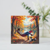 herfstscène met vrouw en hond feestdagenkaart (Staand voorkant)