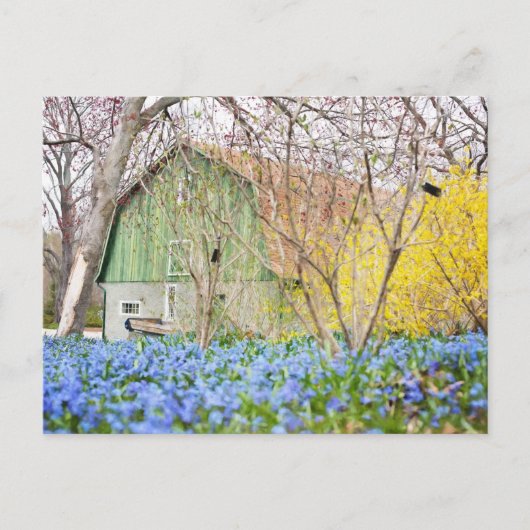 Herfstschuur met blauwe bloemenveld briefkaart (Voorkant)