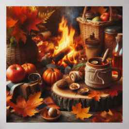 Herfstseizoen Pompoenen en Kampeer Vuur AI Poster