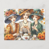 Herfstseizoen Retro Dames Tea Briefkaart (Voorkant)