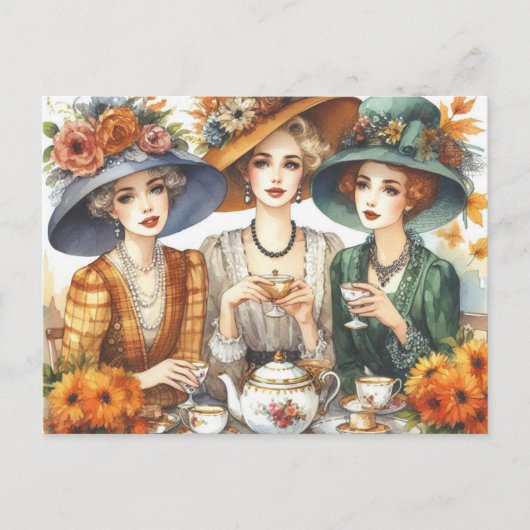 Herfstseizoen Retro Dames Tea Briefkaart (Voorkant)
