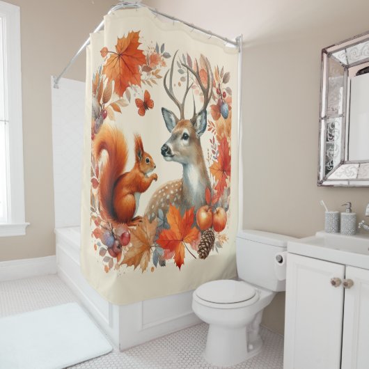 Herfstseizoen Wildlife en Oranje bladeren Douchegordijn (In situ)