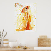 Herfstsereniteit: Japans Geisha Waterverf Poster (Keuken)