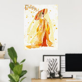 Herfstsereniteit: Japans Geisha Waterverf Poster (Thuiskantoor)