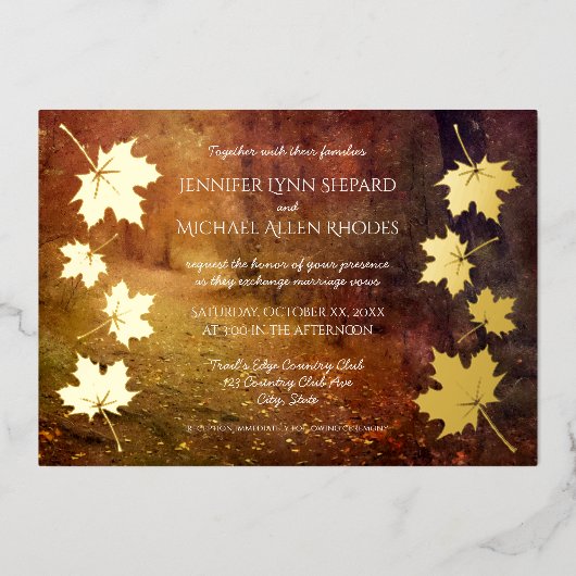 herfstspoor dat esdoorn verlaat rustige bruiloft folie uitnodiging (Voorkant)