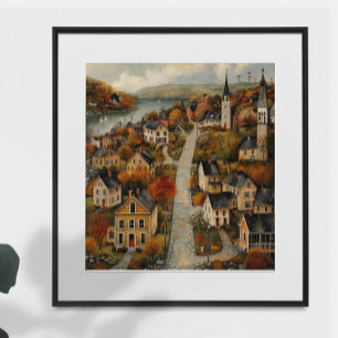 Herfststad Folk Art Oil Painting Poster