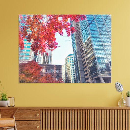 Herfststadsgezicht met rode esdoornbladeren canvas afdruk (Insitu (Woonkamer))