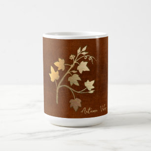 Herfststemming gouden wijnstoktak bruin leer koffiemok