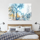 Herfststraat met bomen en auto's canvas afdruk (Insitu (Slaapkamer))