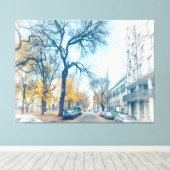 Herfststraat met bomen en auto's canvas afdruk (Insitu (Houten vloer))