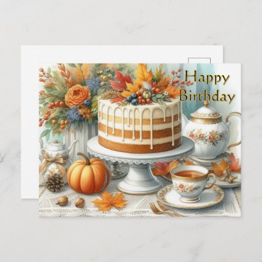Herfsttaart en thee Happy Birthday Briefkaart (Voorkant / Achterkant)