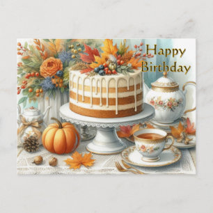 Herfsttaart en theekopje Gelukkige verjaardag  Briefkaart