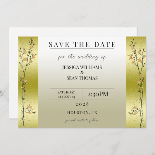 Herfsttakken, Confetti Goud Save The Date Kaart (Voorkant / Achterkant)