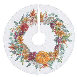Herfstthema krans met pompoen herfstkleuren nep  imitatie linnen kerstboom kleed