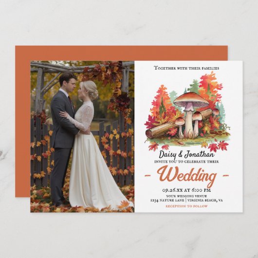 Herfstthema met champignon waterverf bruiloft kaart (Voorkant / Achterkant)