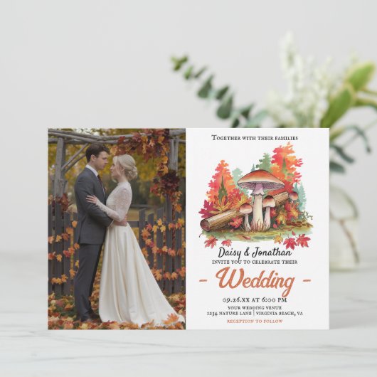 Herfstthema met champignon waterverf bruiloft kaart (Staand voorkant)