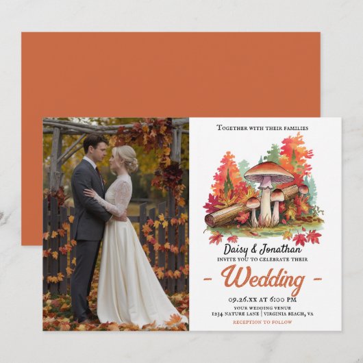 Herfstthema met champignon waterverf bruiloft kaart (Voorkant / Achterkant)