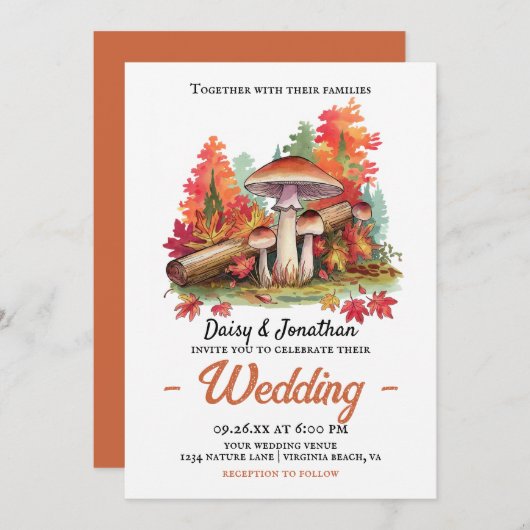 Herfstthema met champignon waterverf bruiloft kaart (Voorkant / Achterkant)