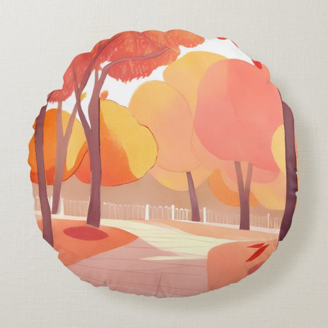 Herfsttoerisme Wandel | Abstracte Waterverf Rond Kussen (Voorkant)