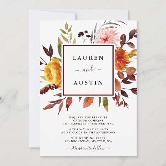 Herfsttuin Marsala Waterverf bruiloft Kaart (Voorkant)