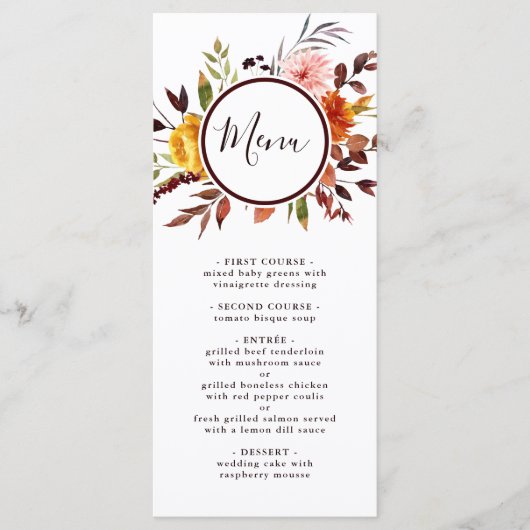 Herfsttuin Marsala Waterverf bruiloft Menu (Voorkant)