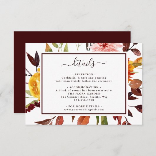 Herfsttuin Marsala Waterverf Trouwdetails Informatiekaartje (Voorkant / Achterkant)
